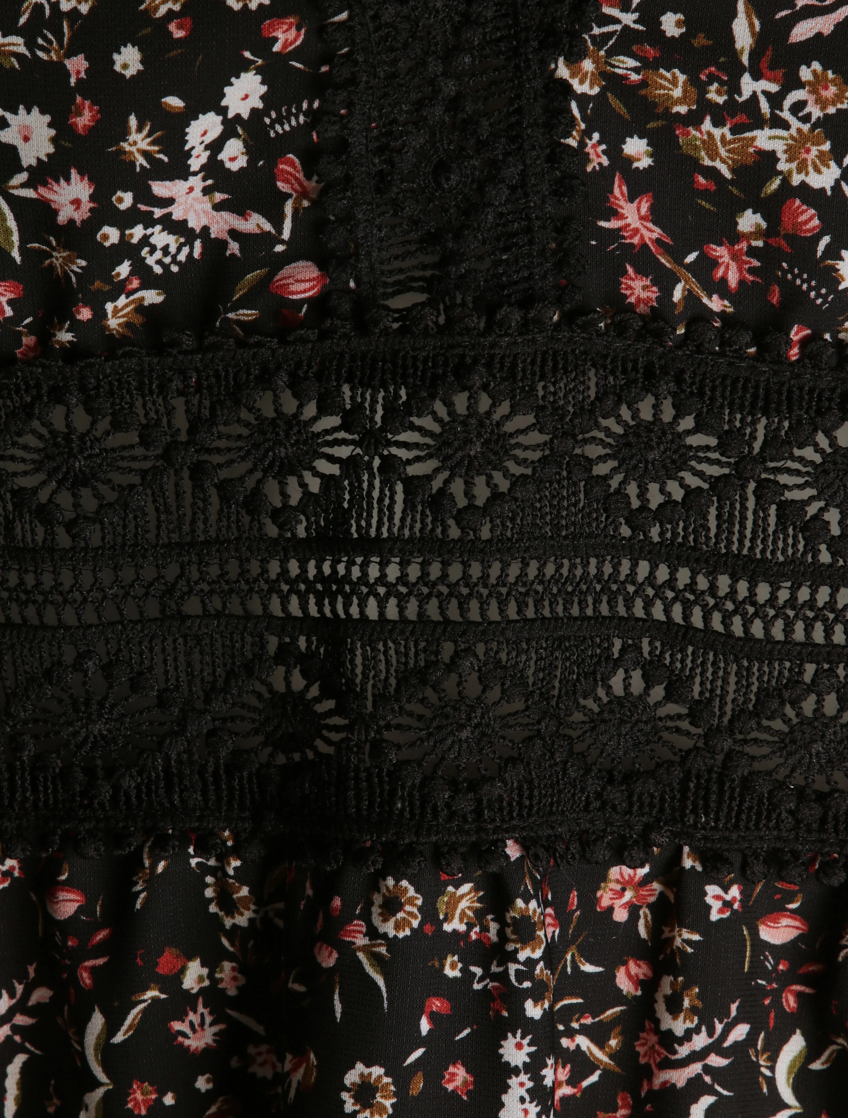 Robe longue imprimé petites fleurs à col V en dentelle - Noir - Image 3