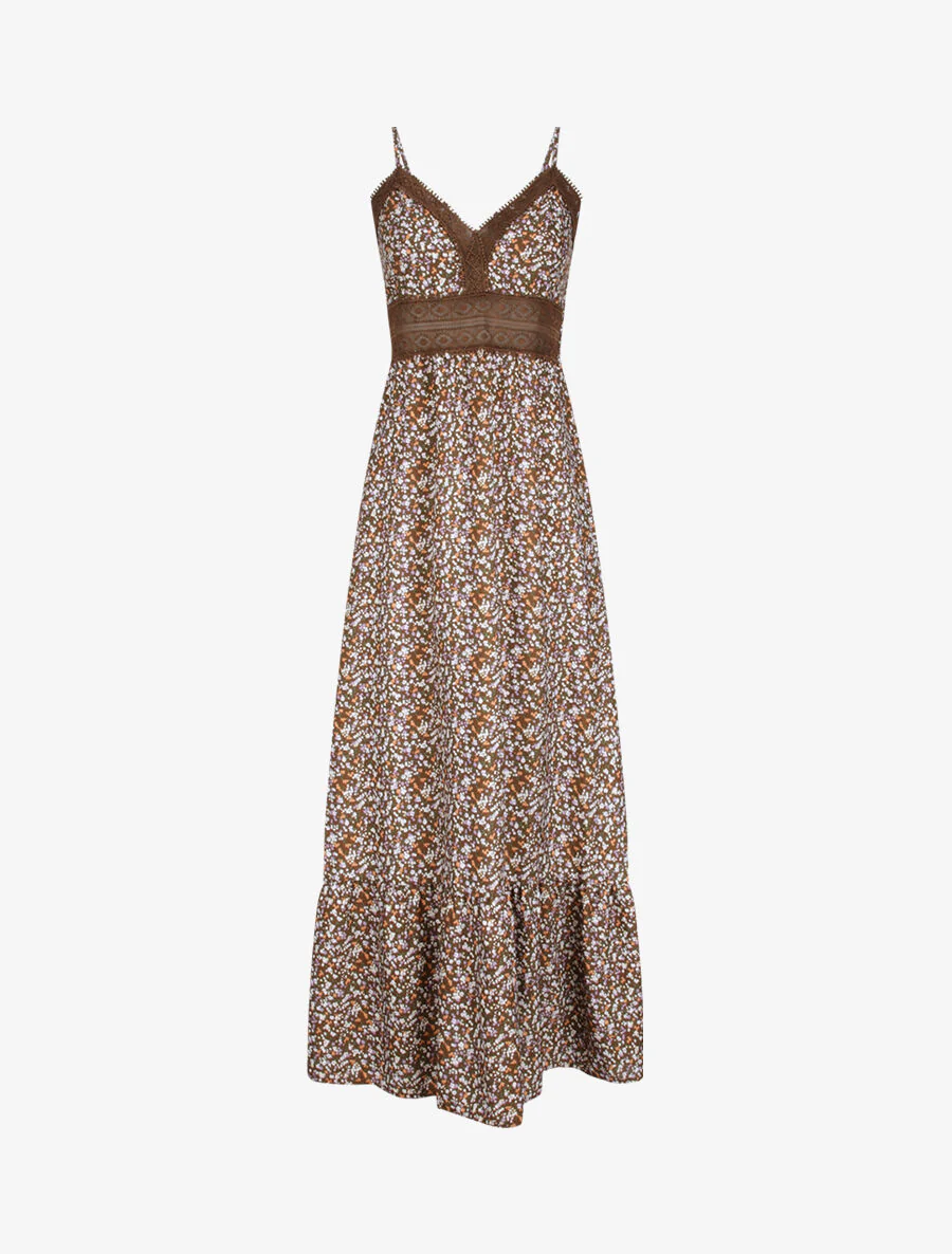Robe longue imprimé petites fleurs à col V en dentelle - Marron