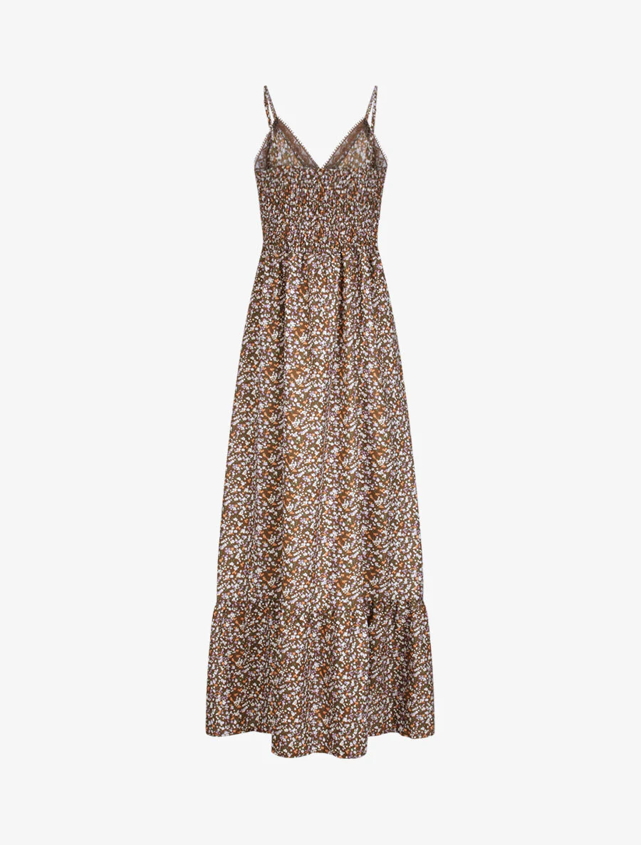 Robe longue imprimé petites fleurs à col V en dentelle - Marron - Image 2