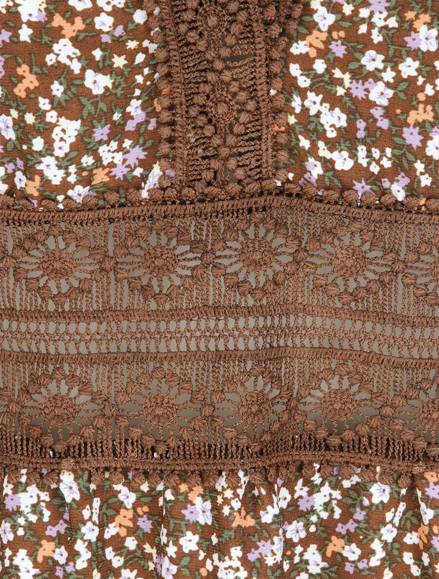 Robe longue imprimé petites fleurs à col V en dentelle - Marron - Image 3