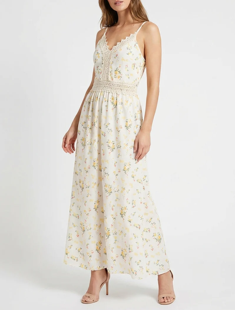 Robe longue imprimé petites fleurs à détail crochet - Jaune - Image 4