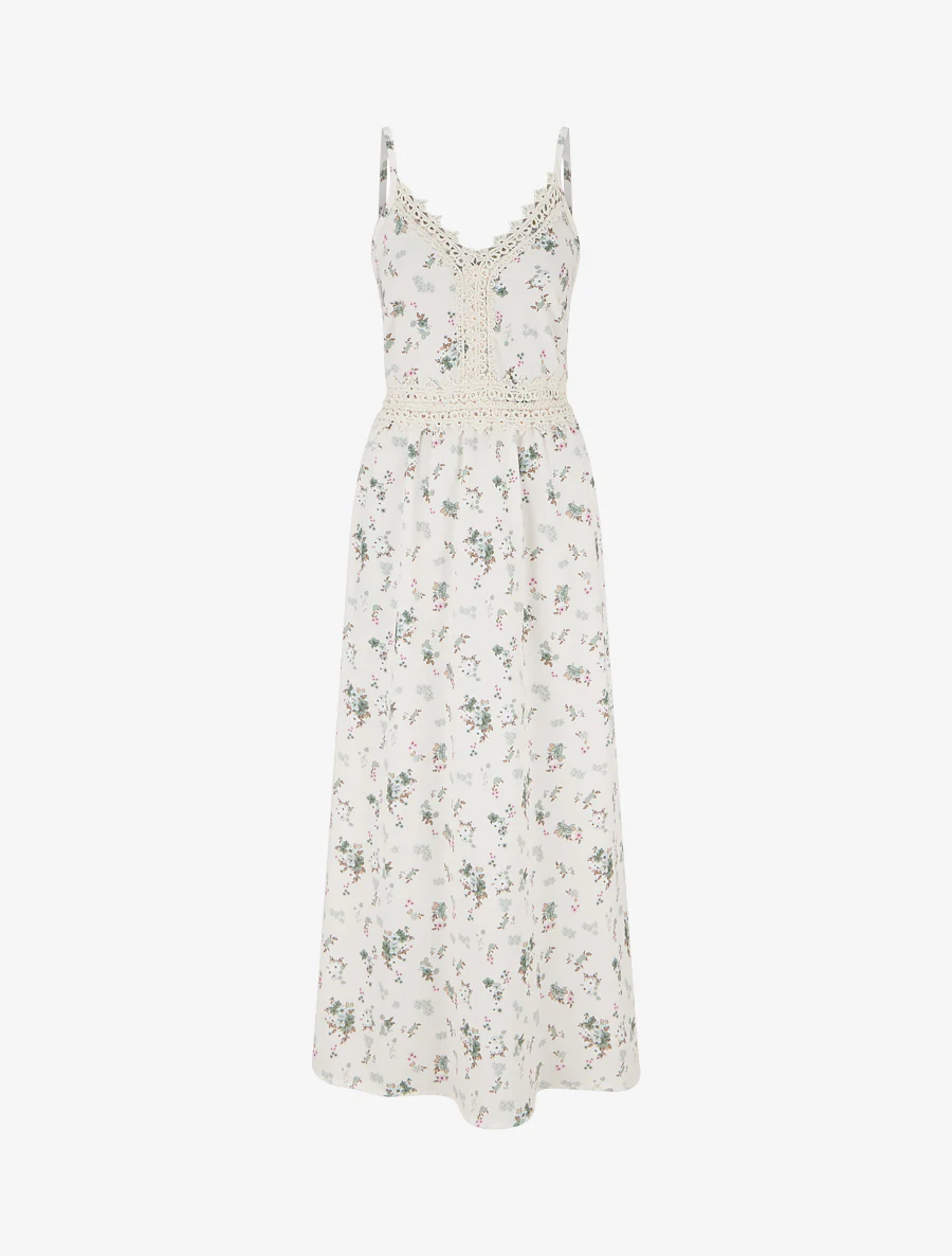 Robe longue imprimé petites fleurs à détail crochet - Kaki