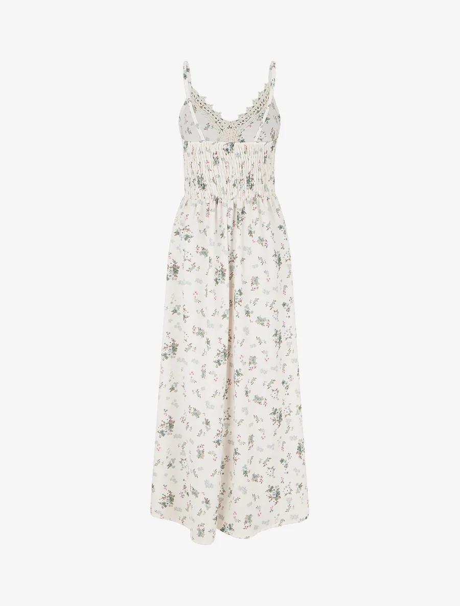 Robe longue imprimé petites fleurs à détail crochet - Kaki - Image 2