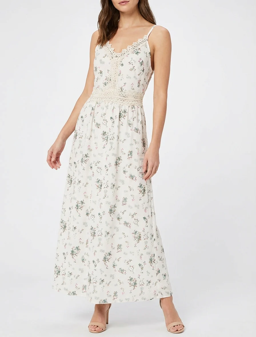 Robe longue imprimé petites fleurs à détail crochet - Kaki - Image 4