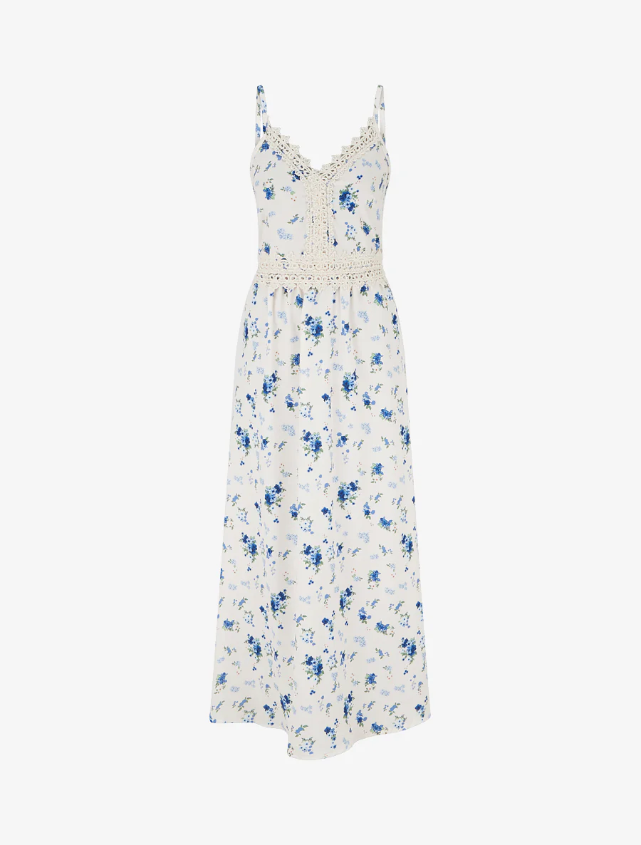 Robe longue imprimé petites fleurs à détail crochet - Bleu