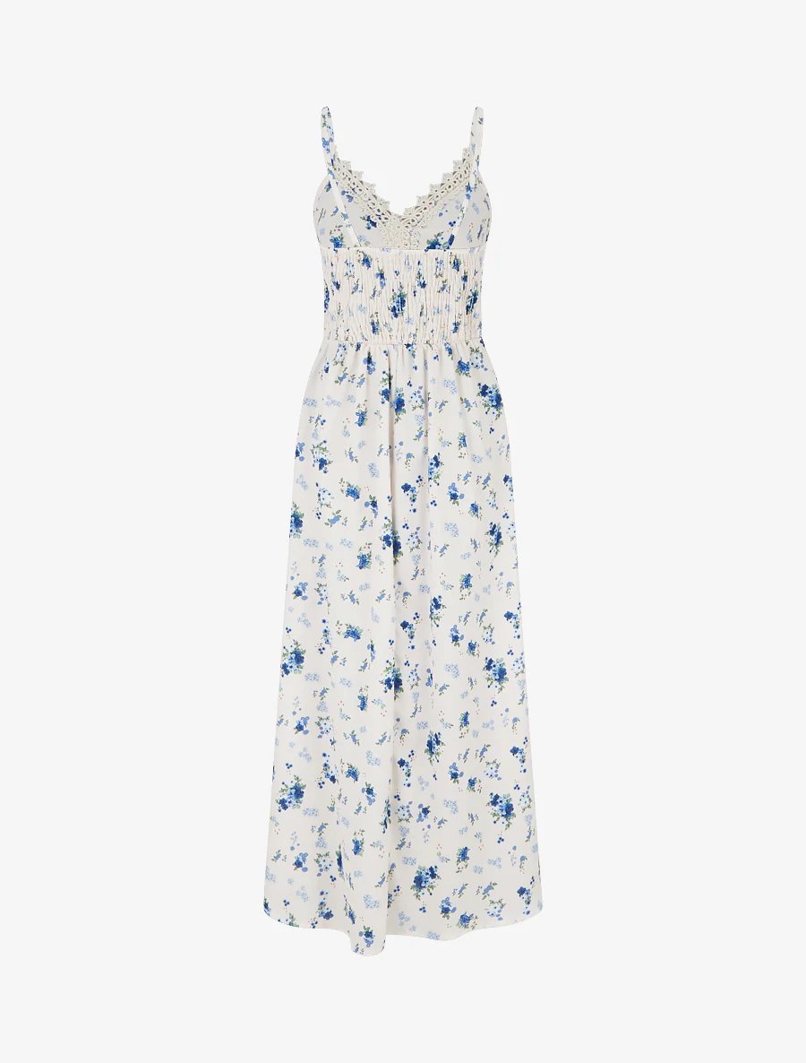 Robe longue imprimé petites fleurs à détail crochet - Bleu - Image 2
