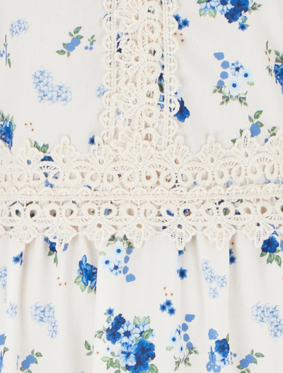 Robe longue imprimé petites fleurs à détail crochet - Bleu - Image 3