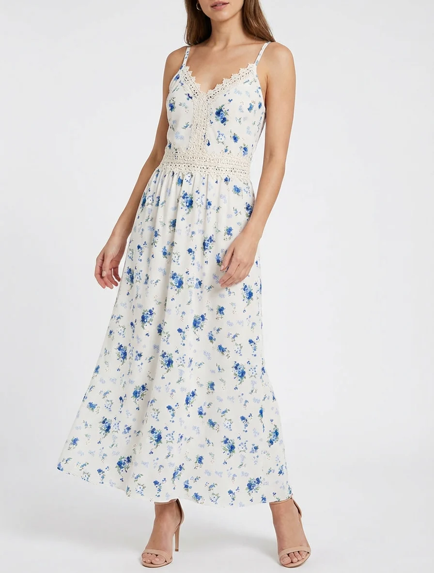 Robe longue imprimé petites fleurs à détail crochet - Bleu - Image 4