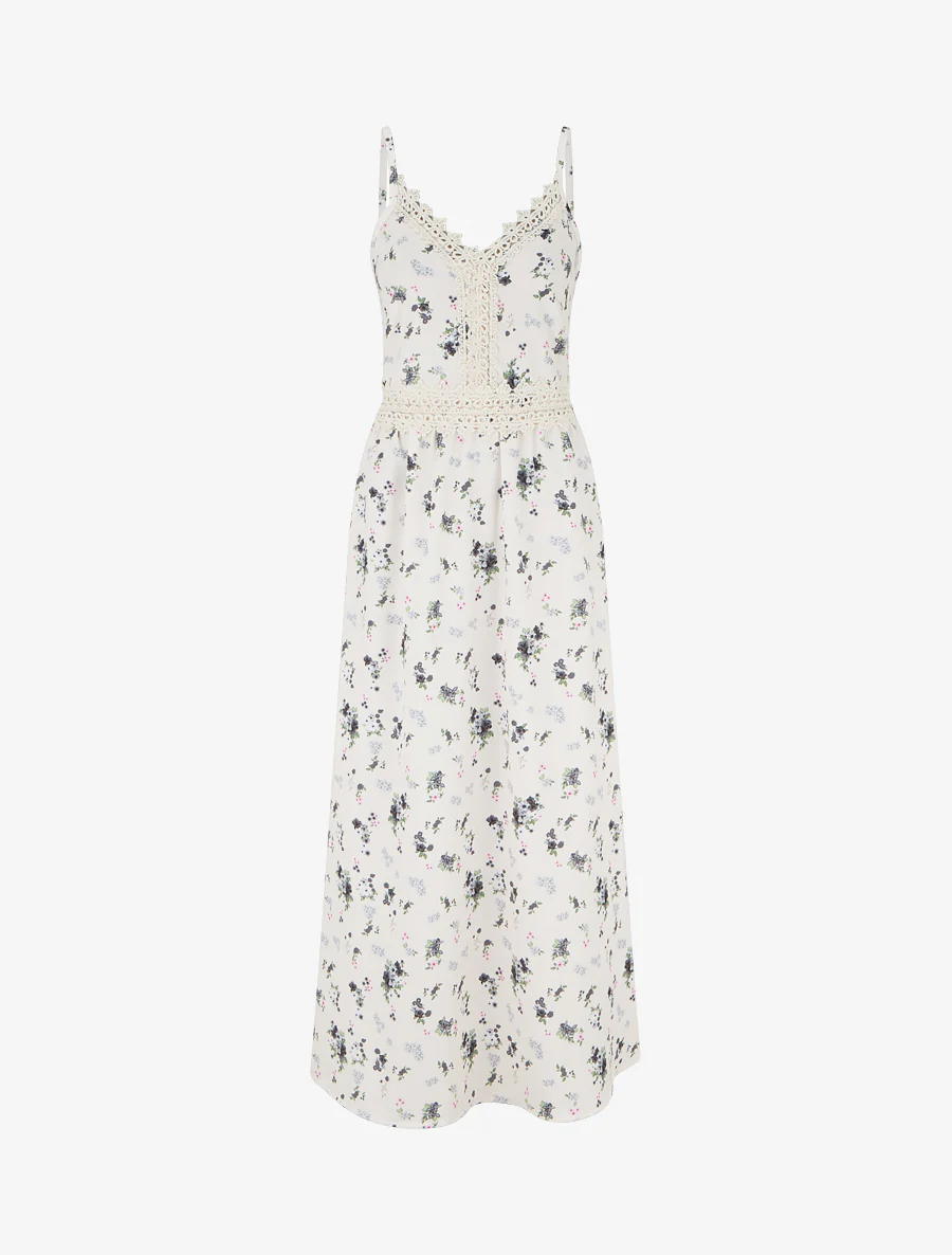 Robe longue imprimé petites fleurs à détail crochet - Noir