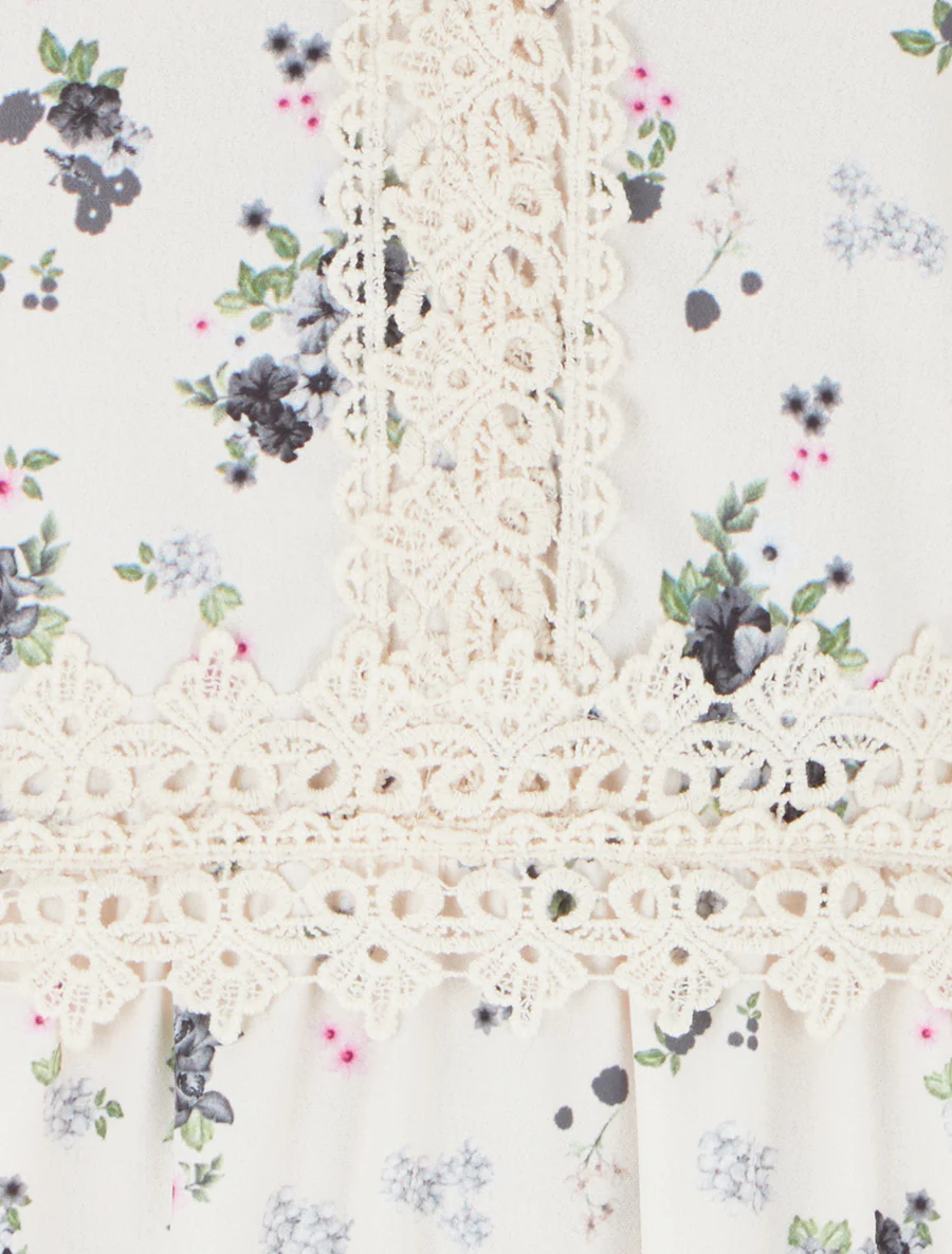 Robe longue imprimé petites fleurs à détail crochet - Noir - Image 3