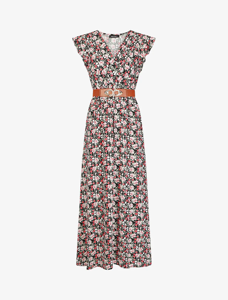 Robe longue imprimé petites fleurs à manches volantées - Noir