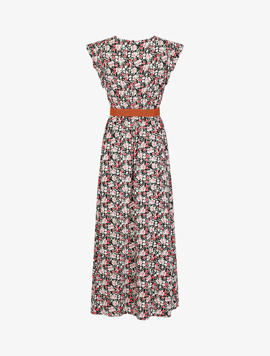 Robe longue imprimé petites fleurs à manches volantées - Noir - Image 2