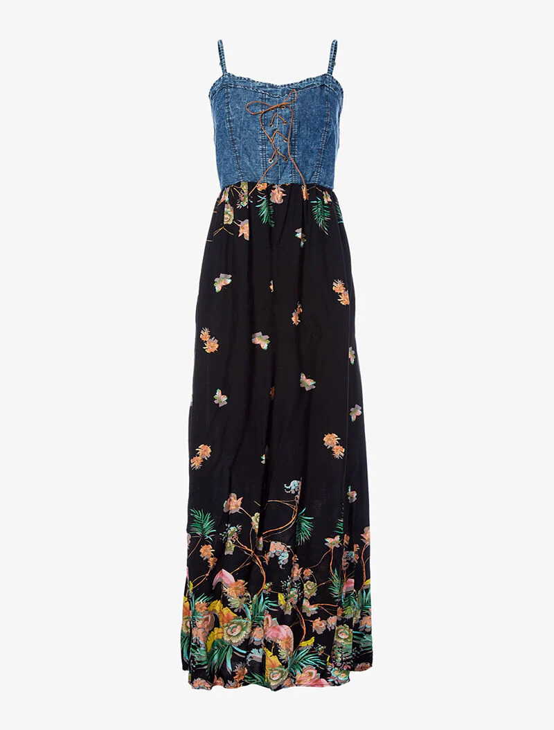 Robe longue imprimé printanier et buste en denim - noir