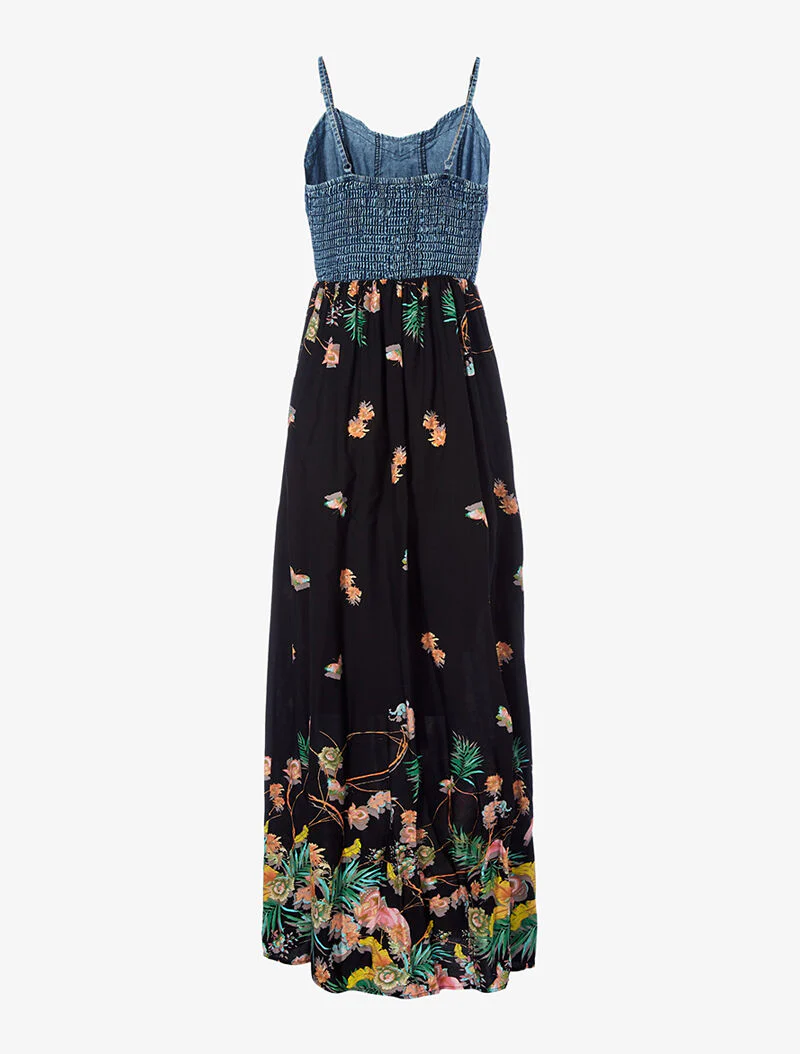 Robe longue imprimé printanier et buste en denim - noir - Image 2