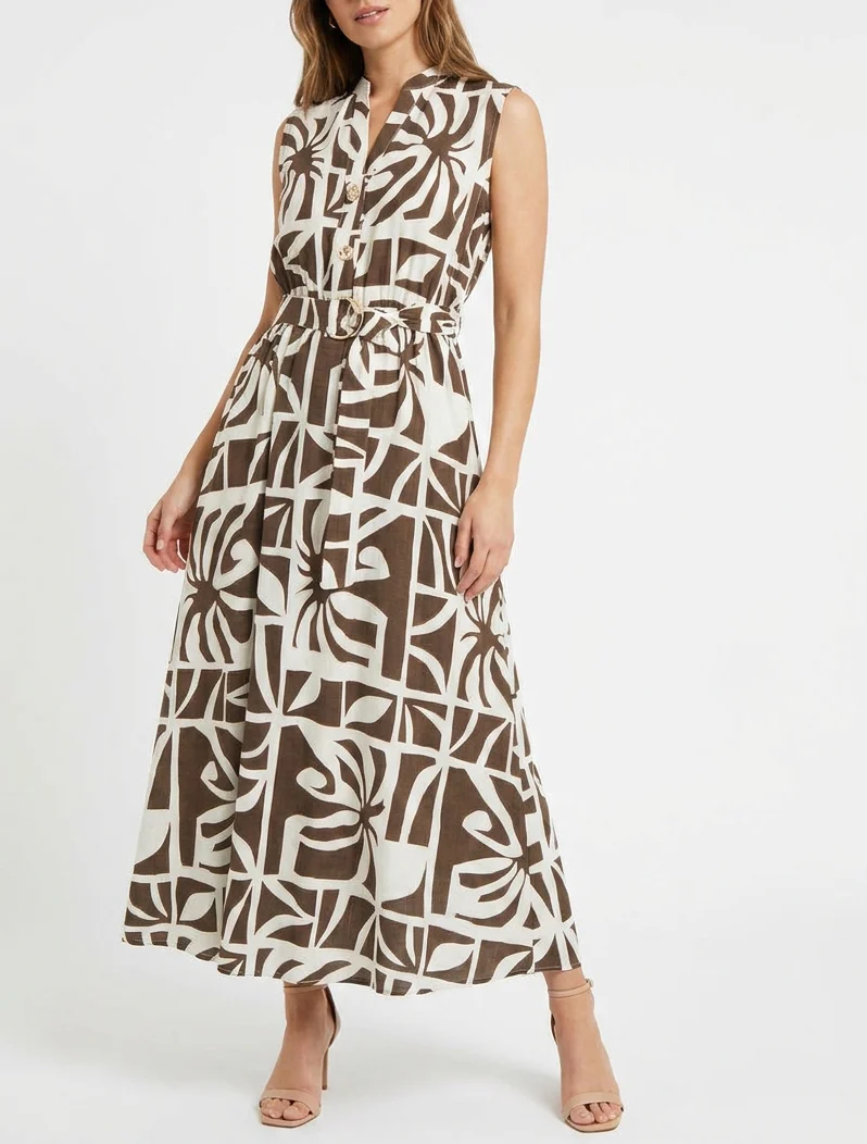 Robe longue imprimé stylisé à boutons décoratifs - Marron - Image 4