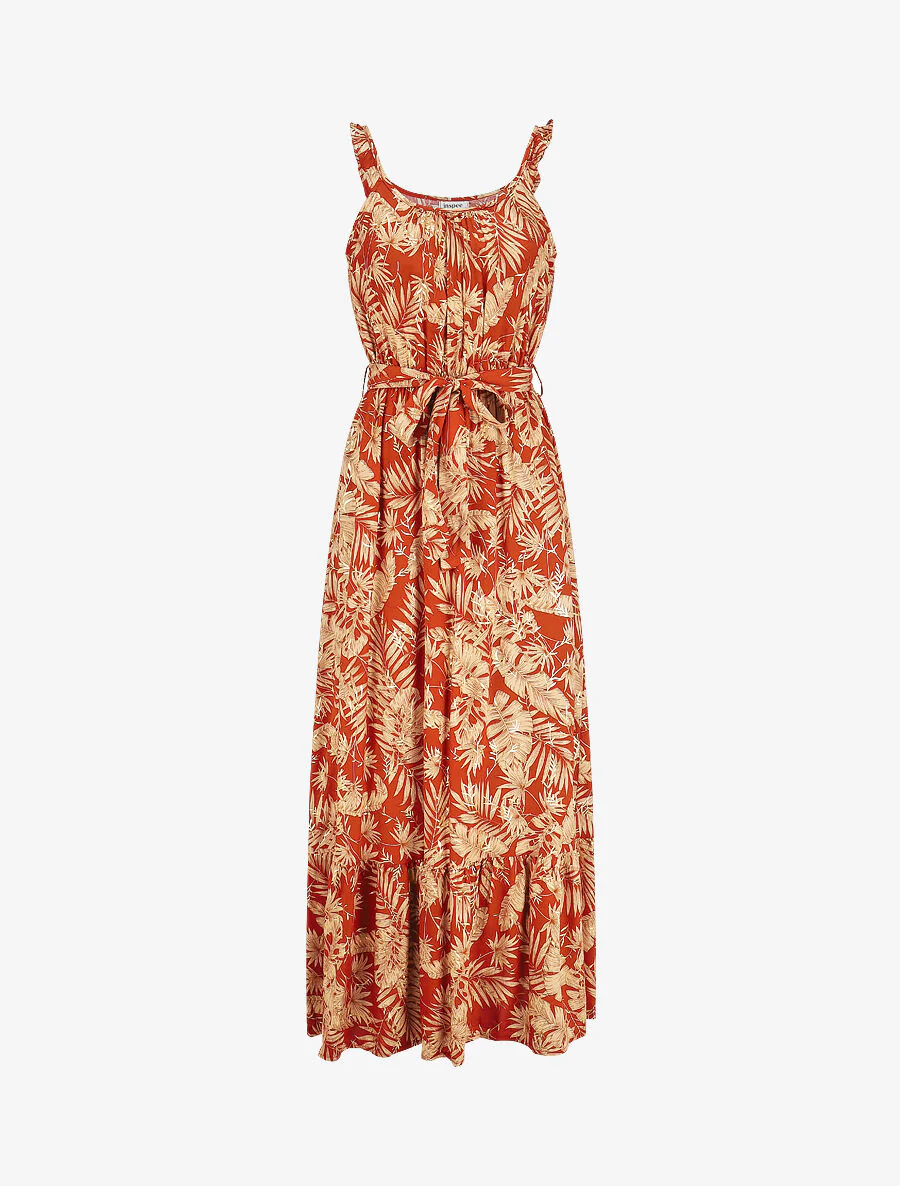 Robe longue imprimé tropical irisé à bretelles - Brique