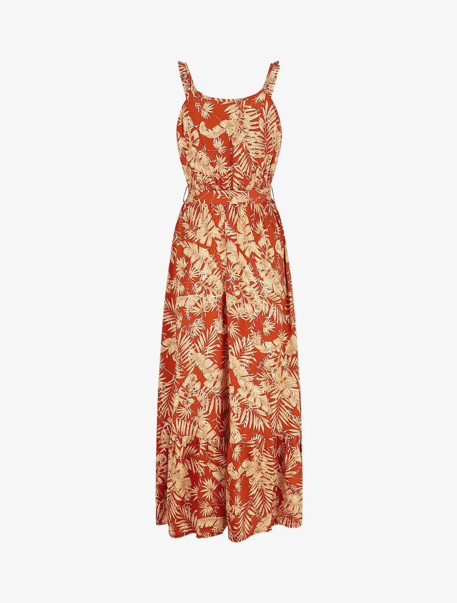Robe longue imprimé tropical irisé à bretelles - Brique - Image 2