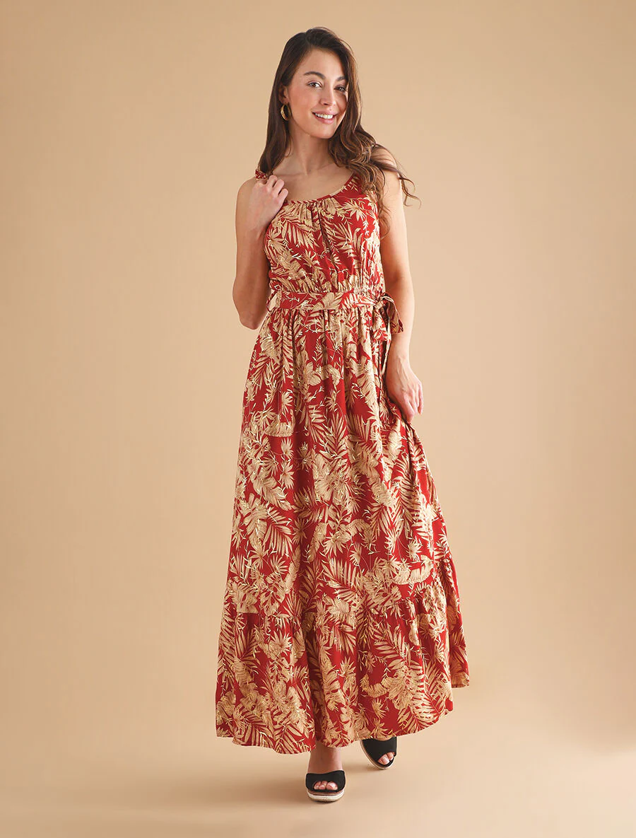 Robe longue imprimé tropical irisé à bretelles - Brique - Image 4