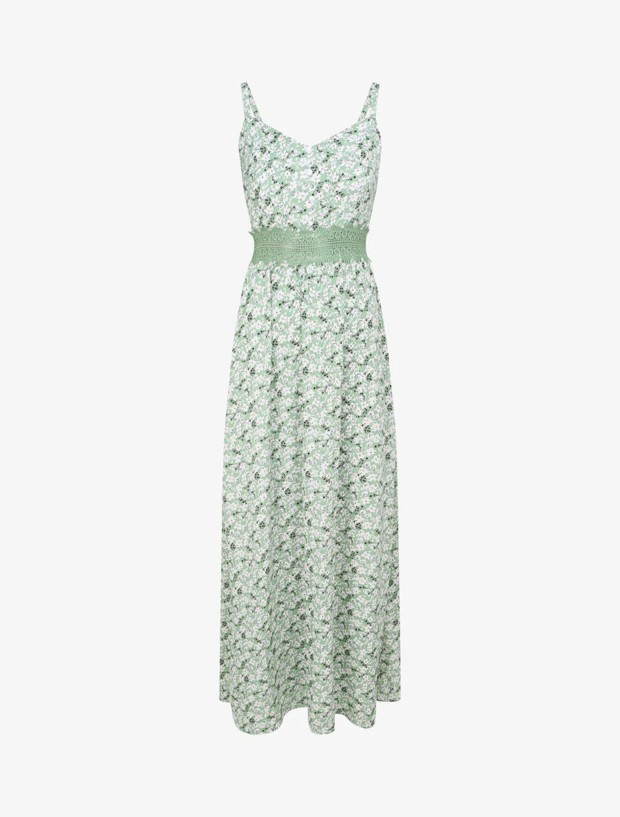 Robe longue imprimée petites fleurs à boutons décoratifs - Vert