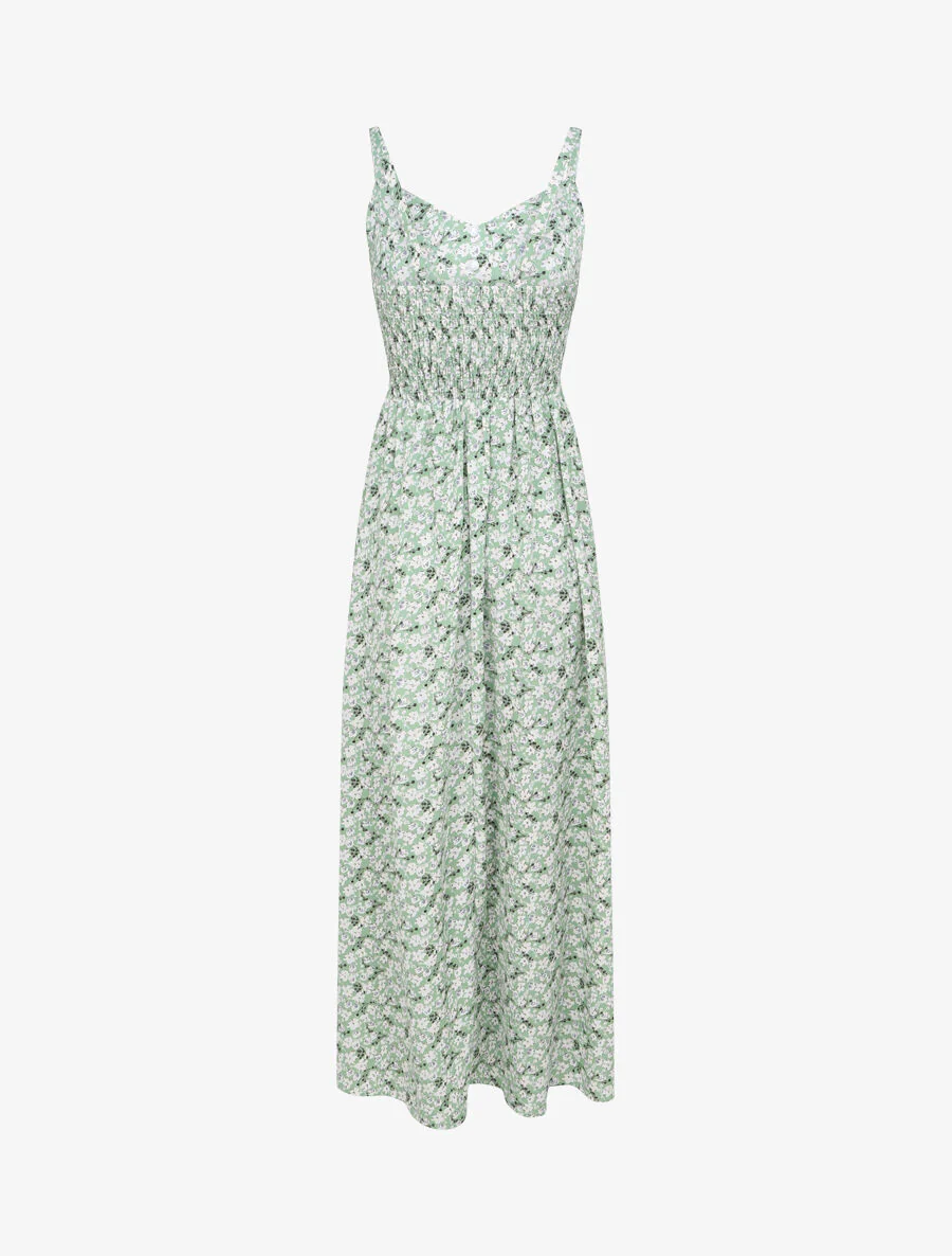 Robe longue imprimée petites fleurs à boutons décoratifs - Vert - Image 2