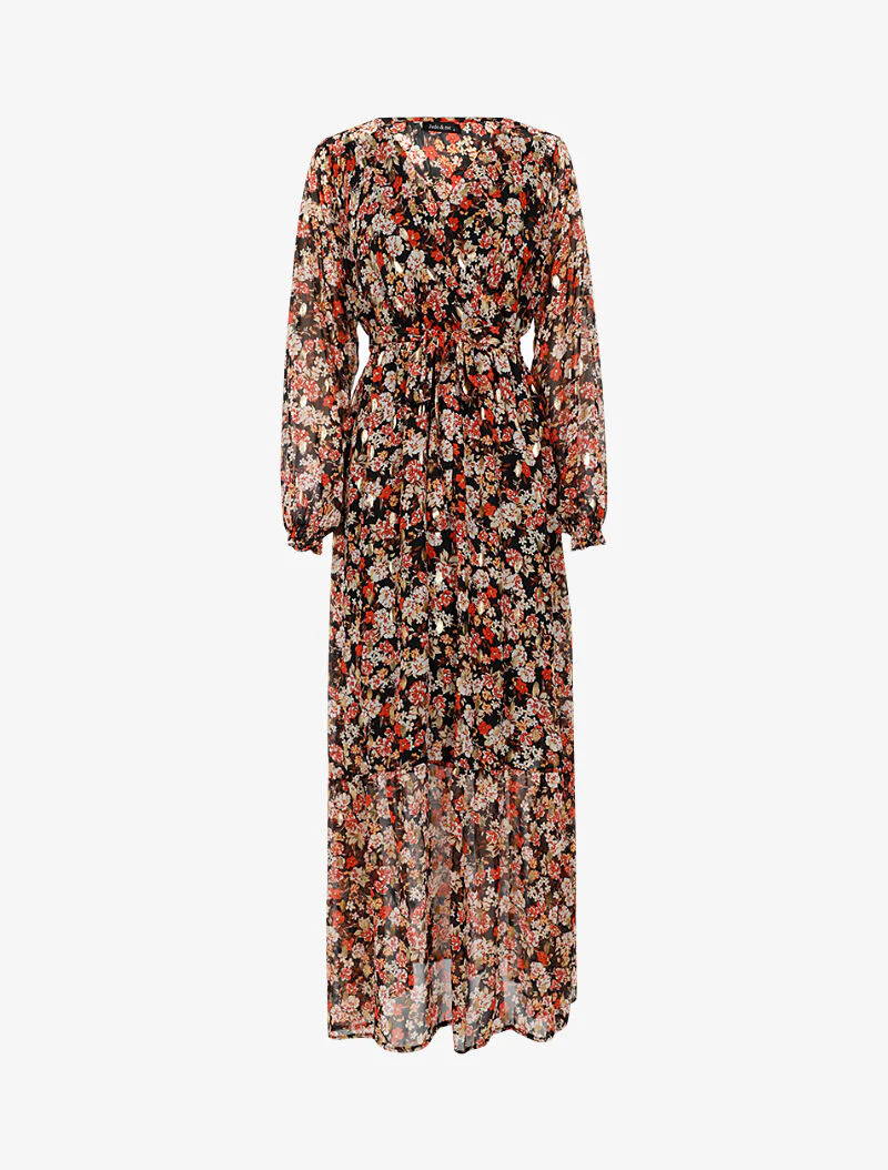Robe longue légère à basque imprimé fleurs - noir
