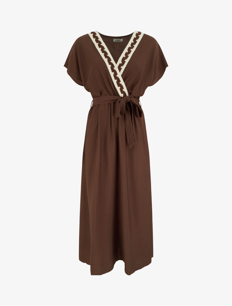 Robe longue manches courtes à col fantaisie - Marron