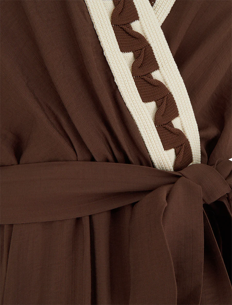 Robe longue manches courtes à col fantaisie - Marron - Image 3