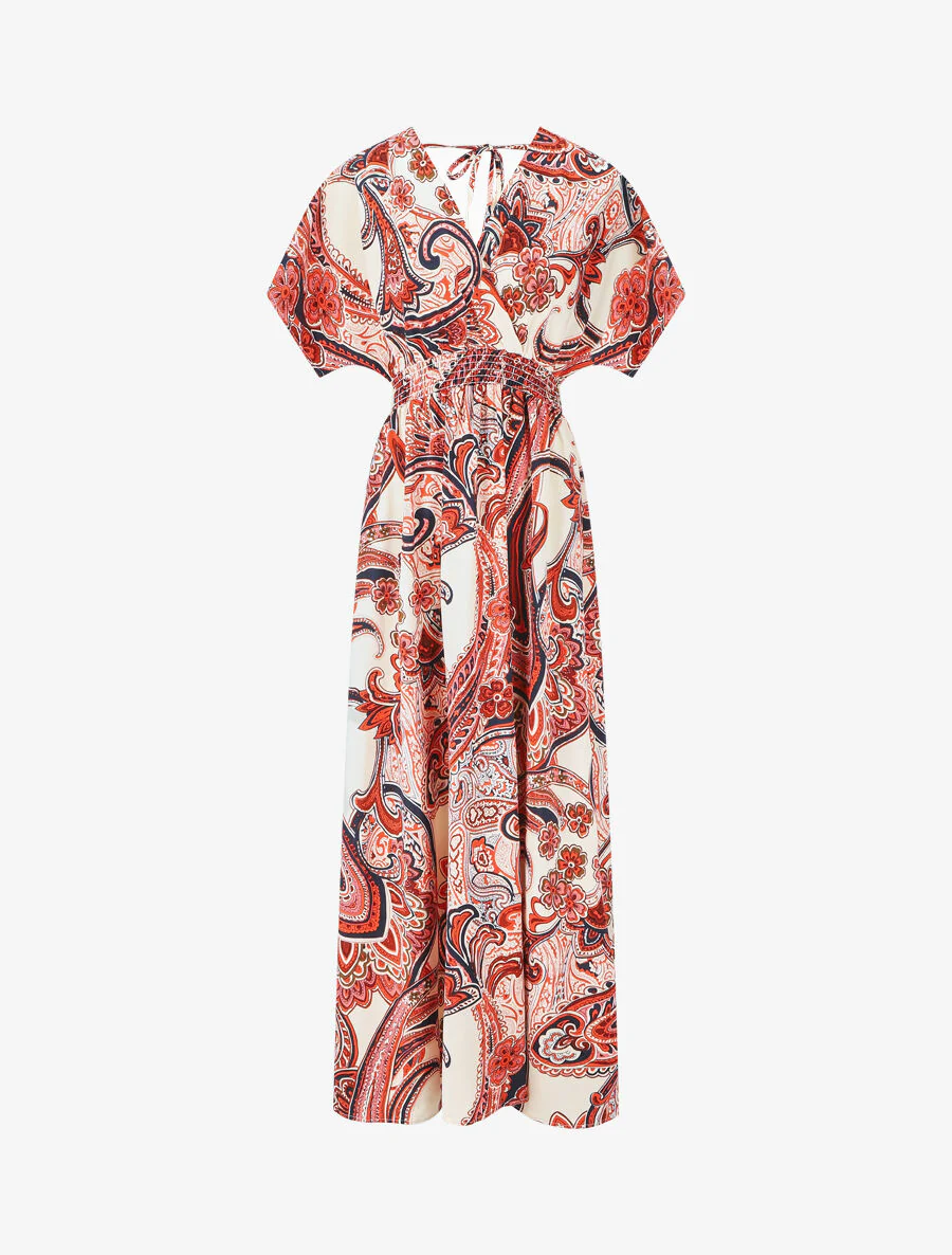 Robe longue manches courtes imprimé cachemire - Rouge