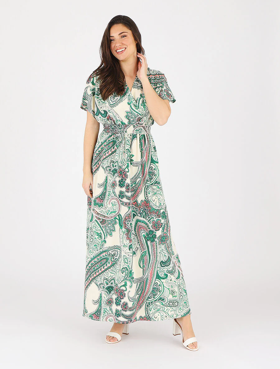 Robe longue manches courtes imprimé cachemire - Vert - Image 4