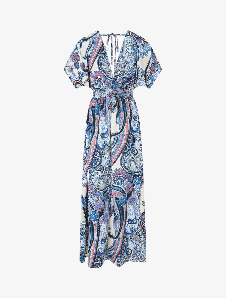 Robe longue manches courtes imprimé cachemire - Bleu - Image 2