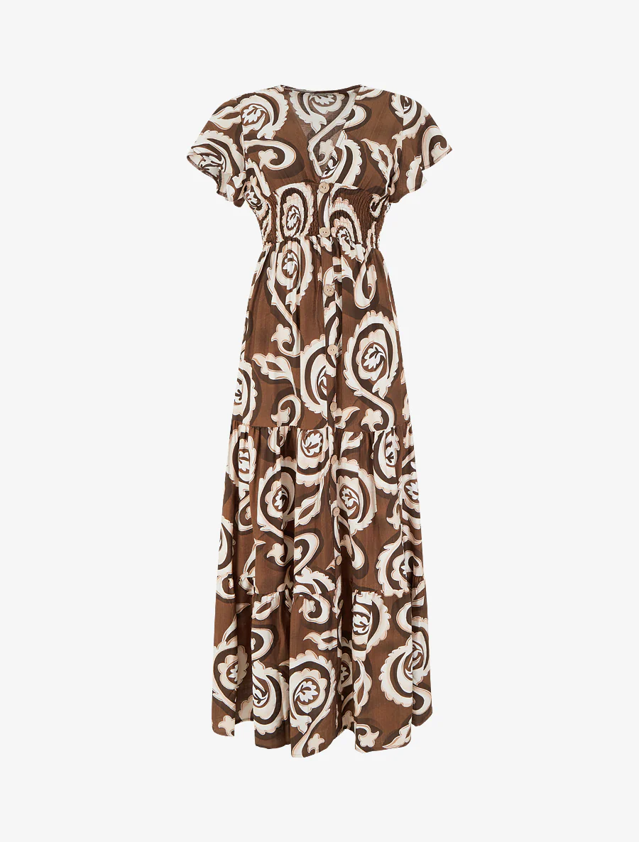 Robe longue manches courtes imprimé cachemire stylisé - Marron
