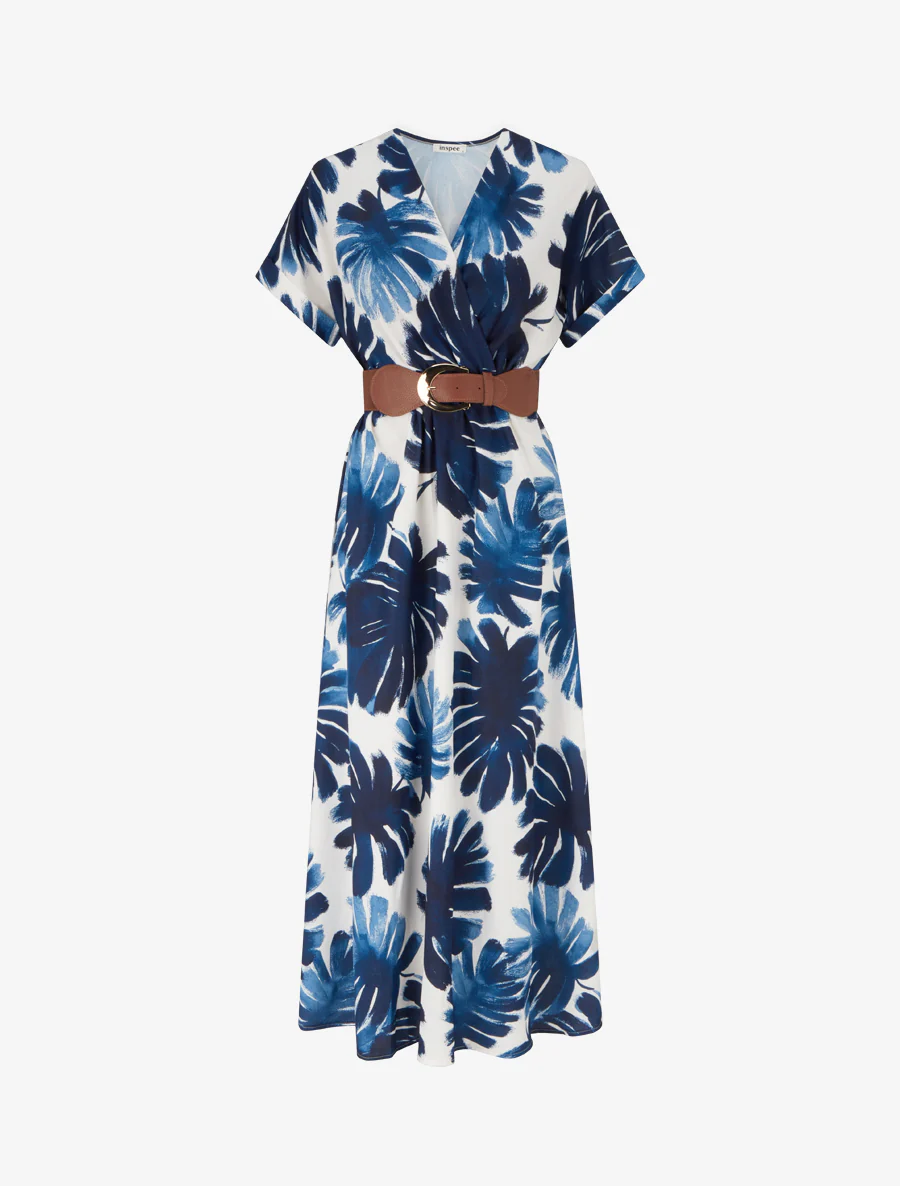 Robe longue manches courtes imprimé feuillage - Marine