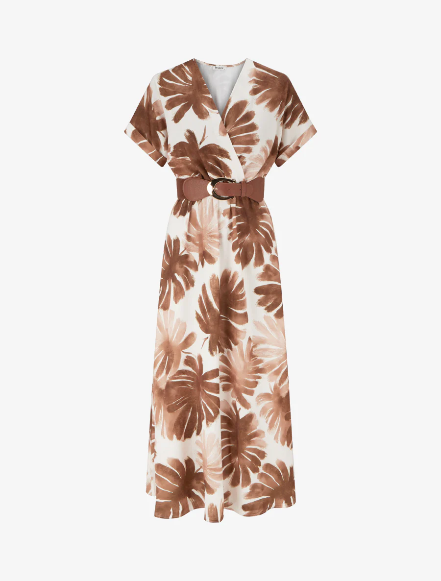 Robe longue manches courtes imprimé feuillage - Marron