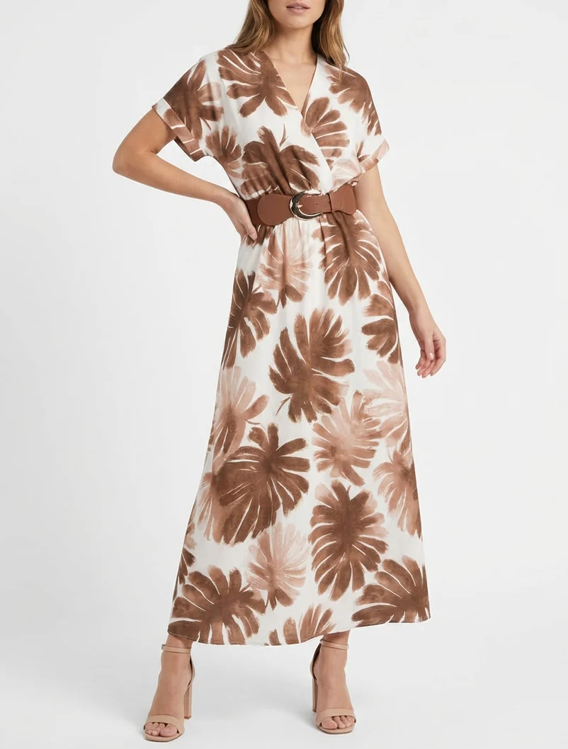 Robe longue manches courtes imprimé feuillage - Marron - Image 4