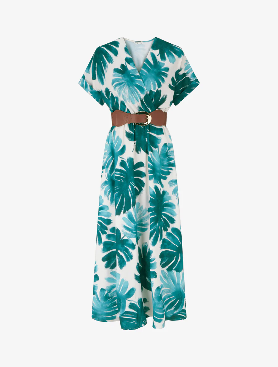 Robe longue manches courtes imprimé feuillage - Vert foncé