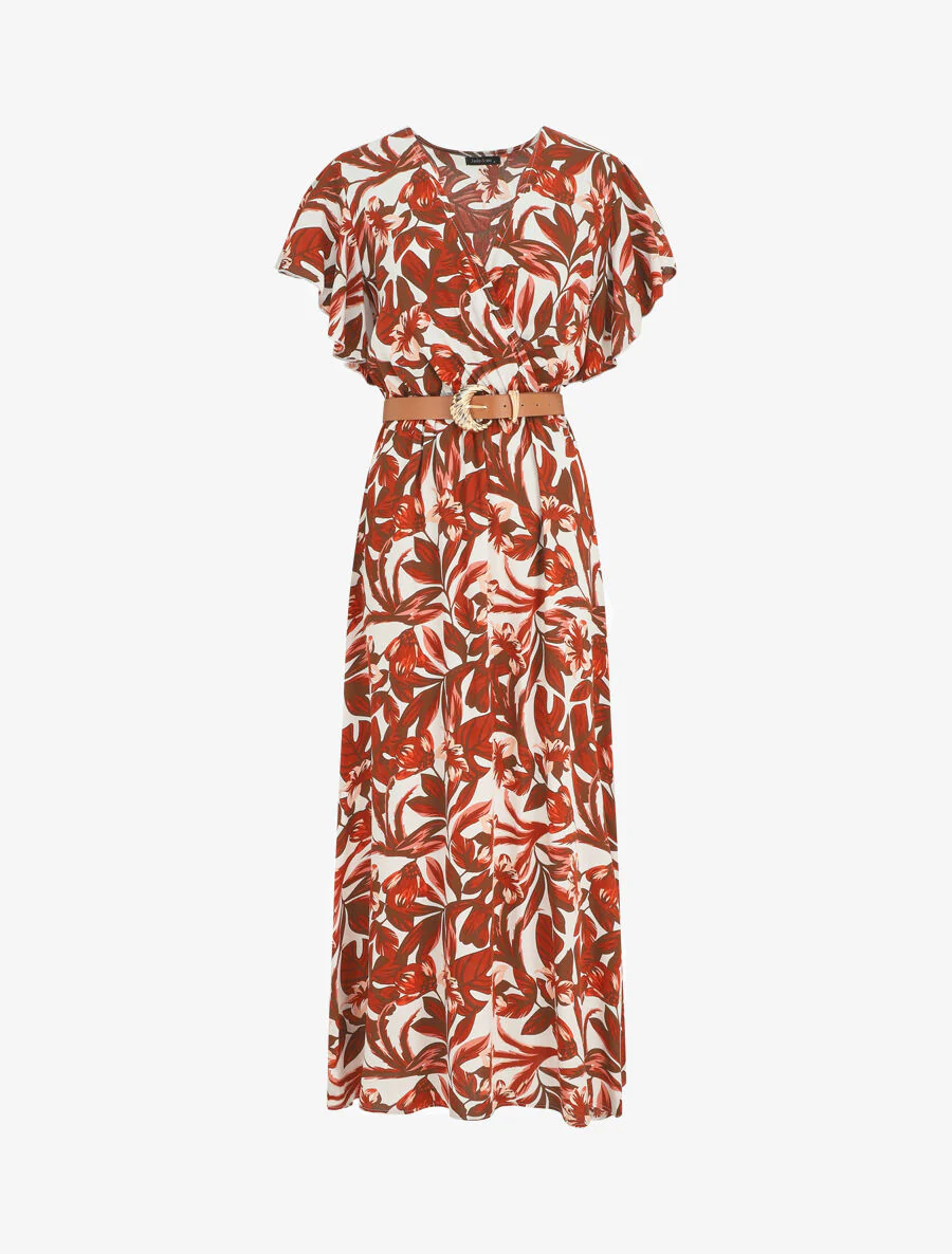 Robe longue manches courtes imprimé floral - Marron