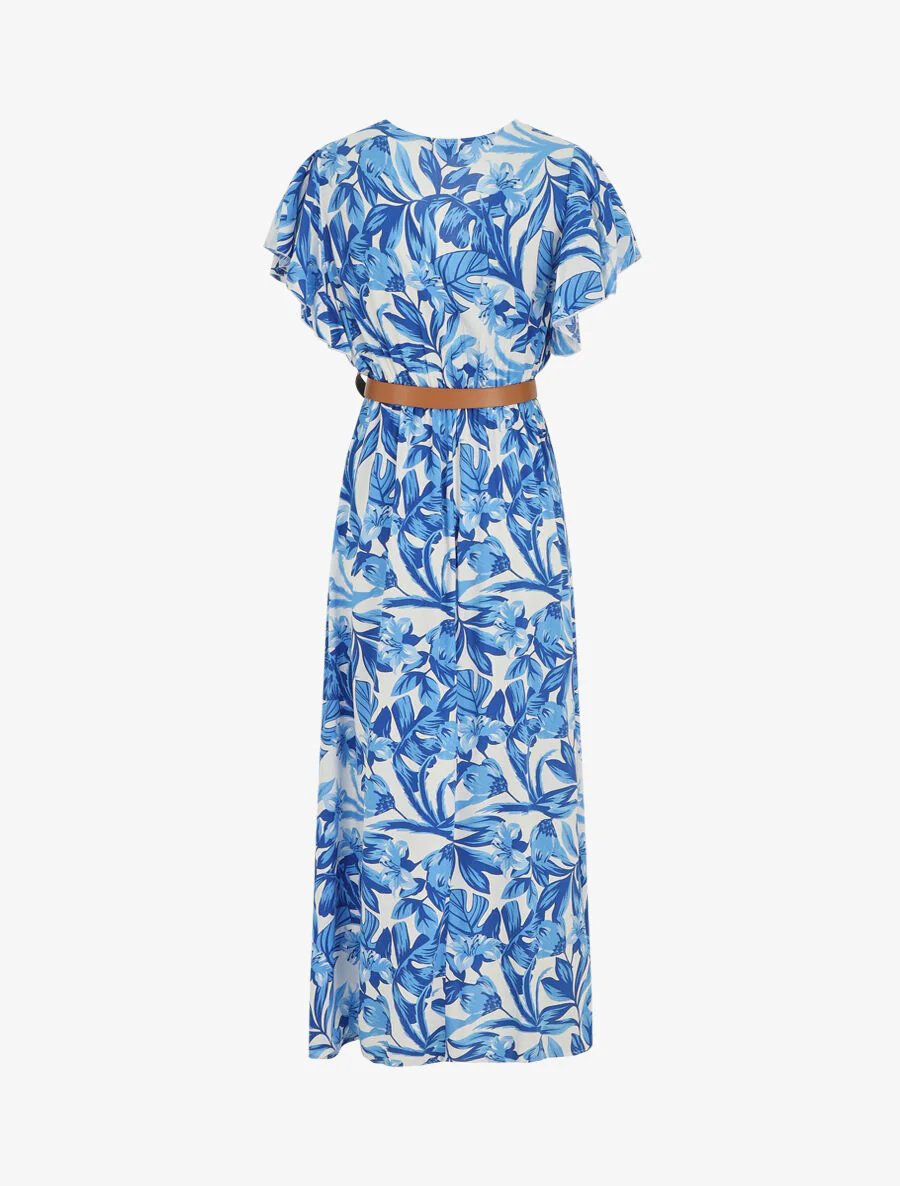 Robe longue manches courtes imprimé floral - Bleu - Image 2