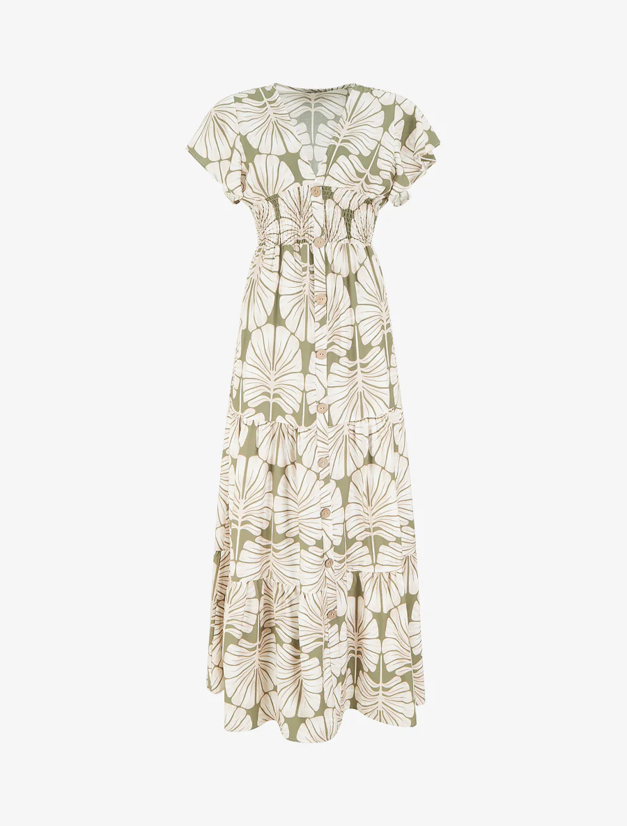 Robe longue manches courtes imprimé grandes feuilles - Kaki