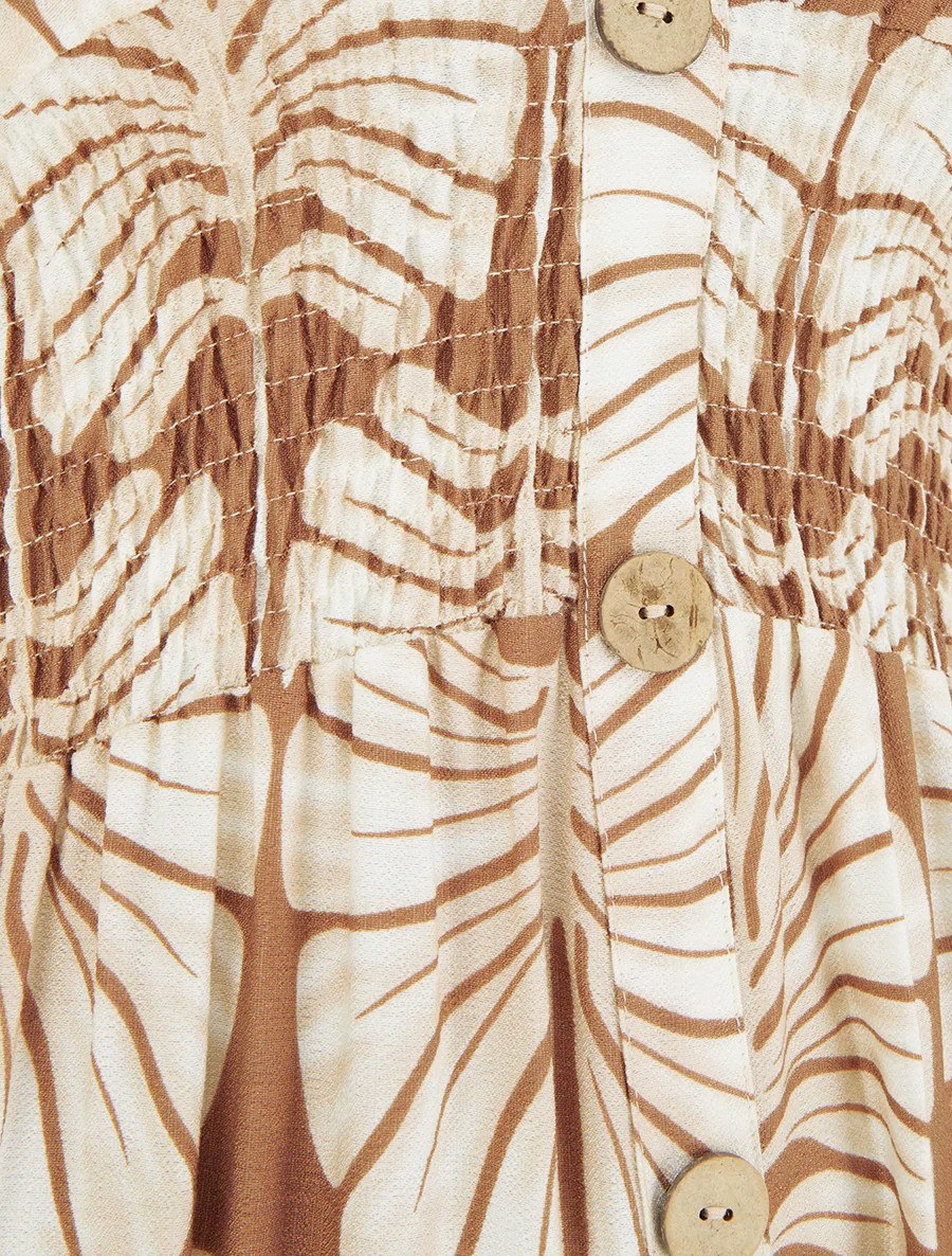 Robe longue manches courtes imprimé grandes feuilles - Camel - Image 3