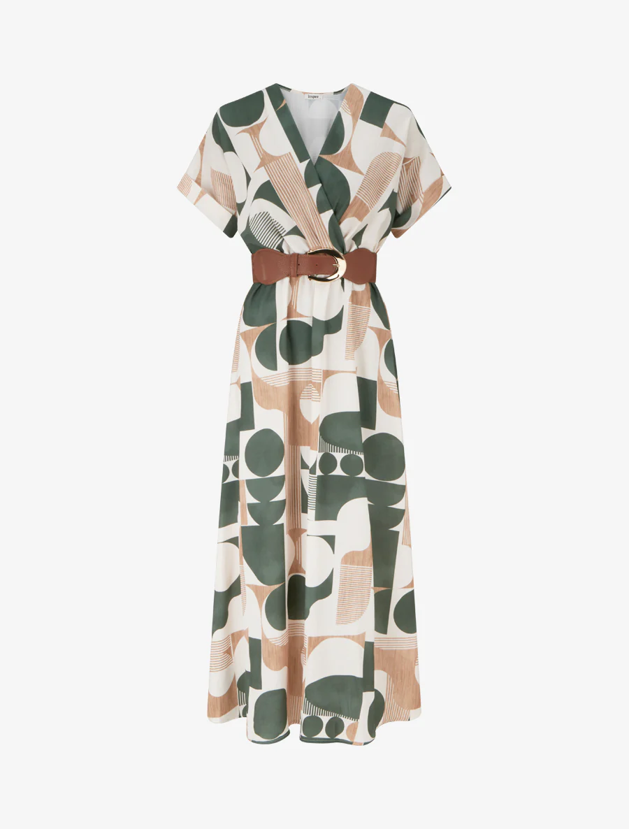 Robe longue manches courtes imprimé graphique - Kaki