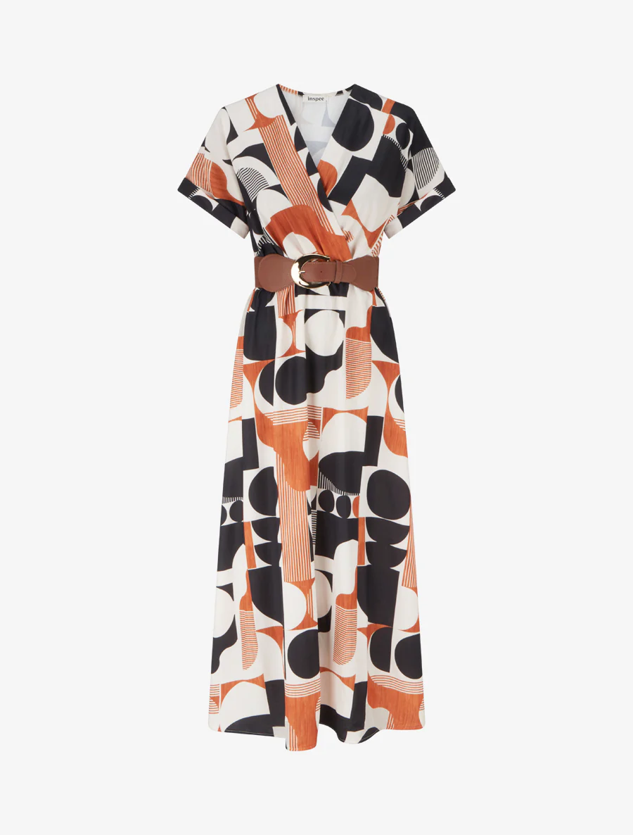 Robe longue manches courtes imprimé graphique - Noir