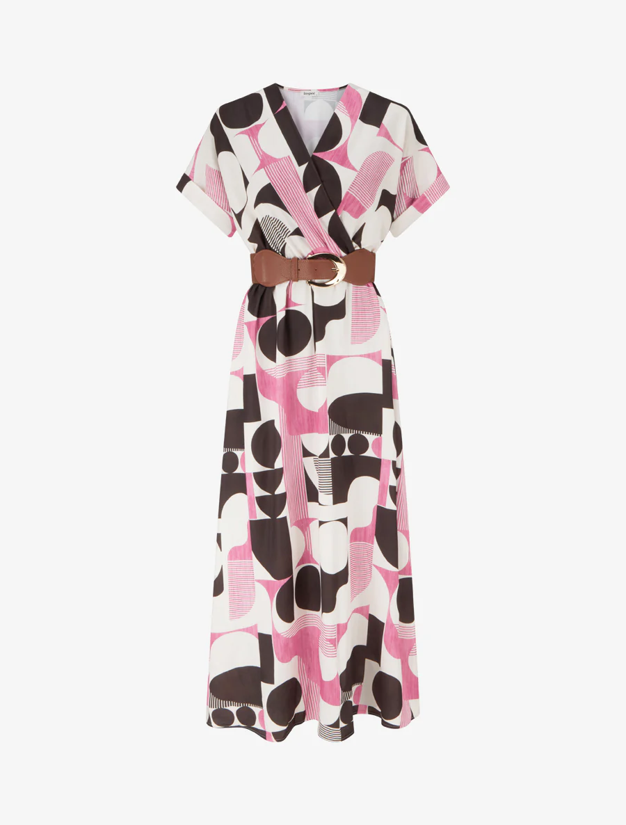 Robe longue manches courtes imprimé graphique - Marron