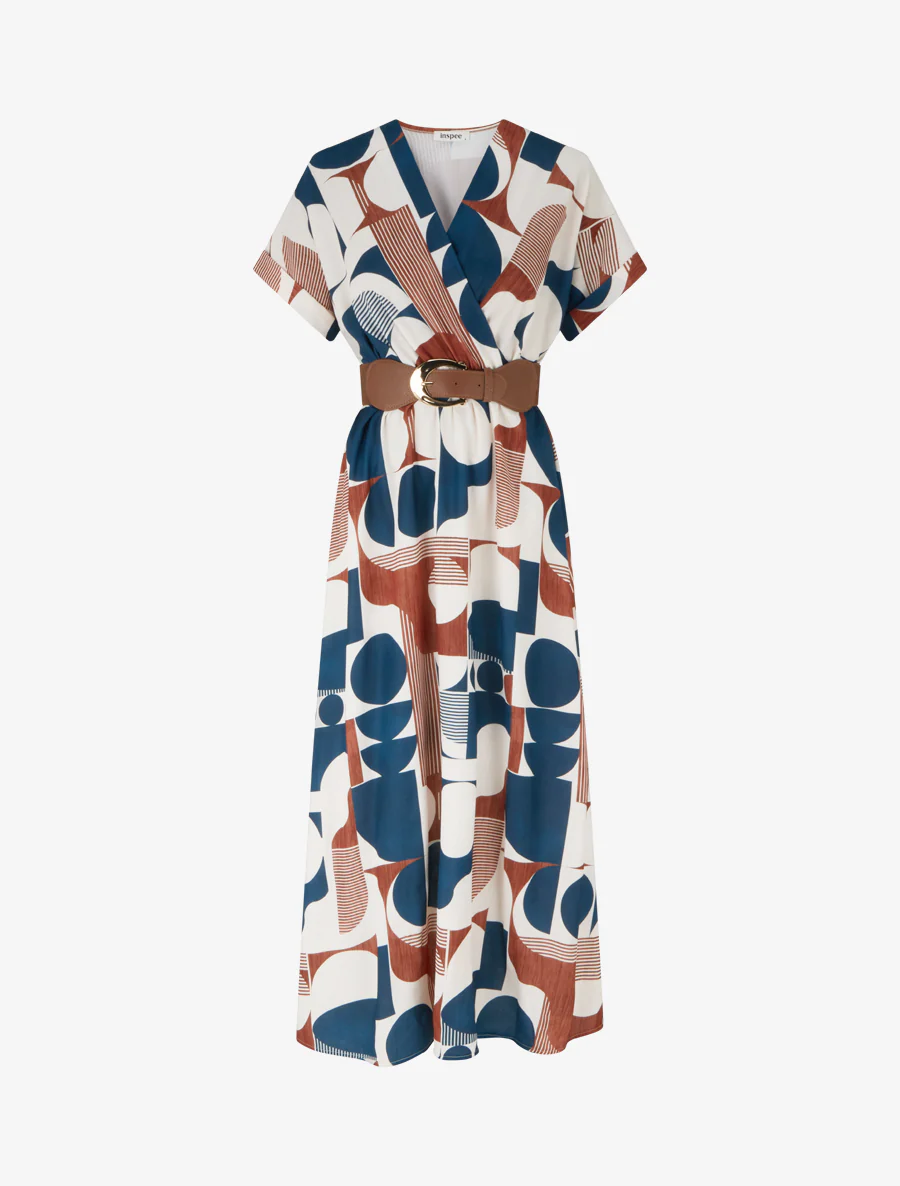 Robe longue manches courtes imprimé graphique - Bleu canard