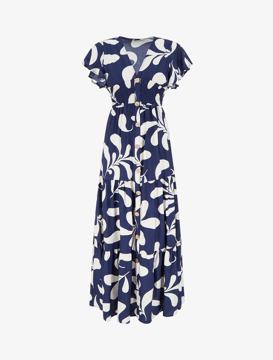 Robe longue manches courtes imprimé plantes stylisées - Marine