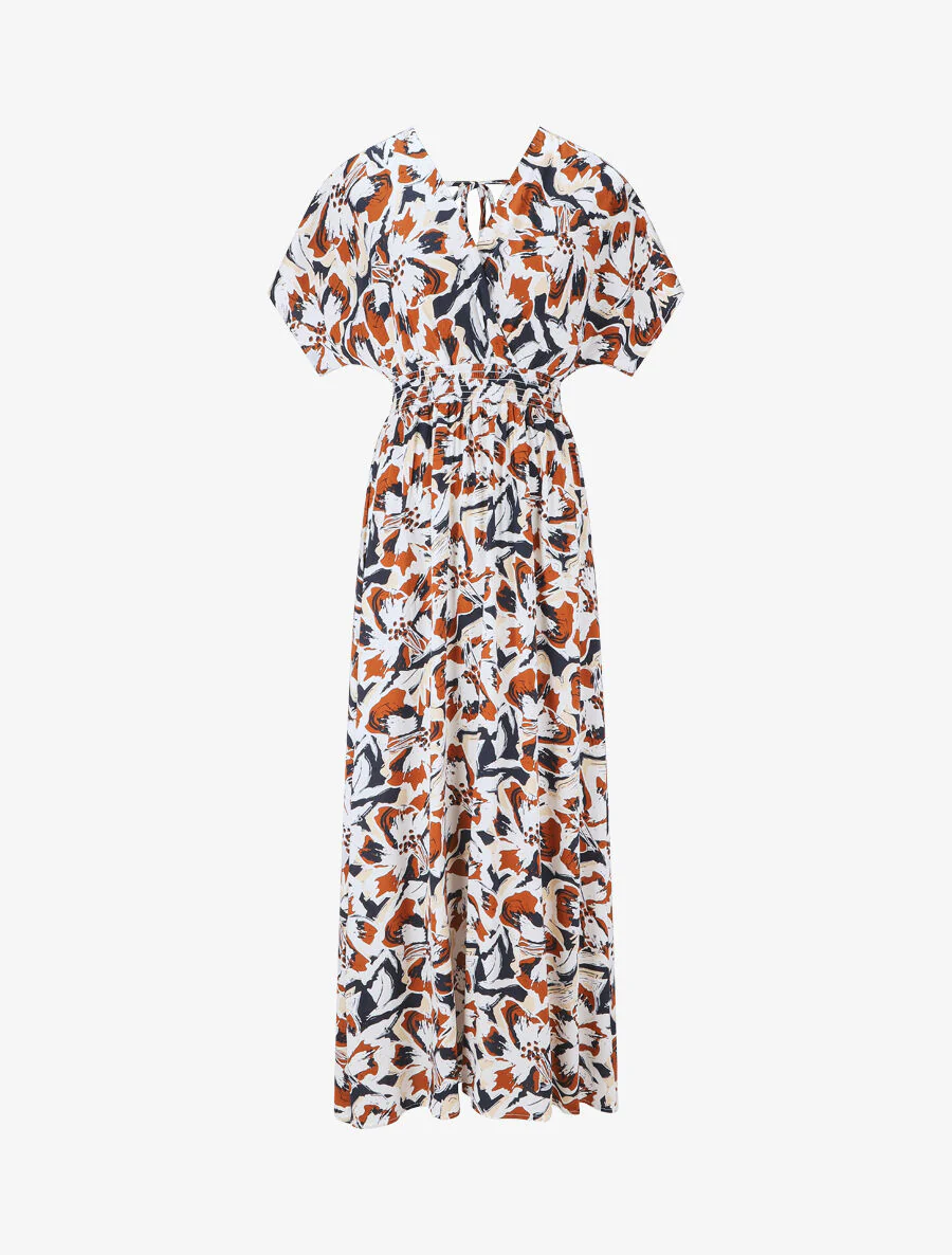 Robe longue manches courtes imprimé tropical - Marine