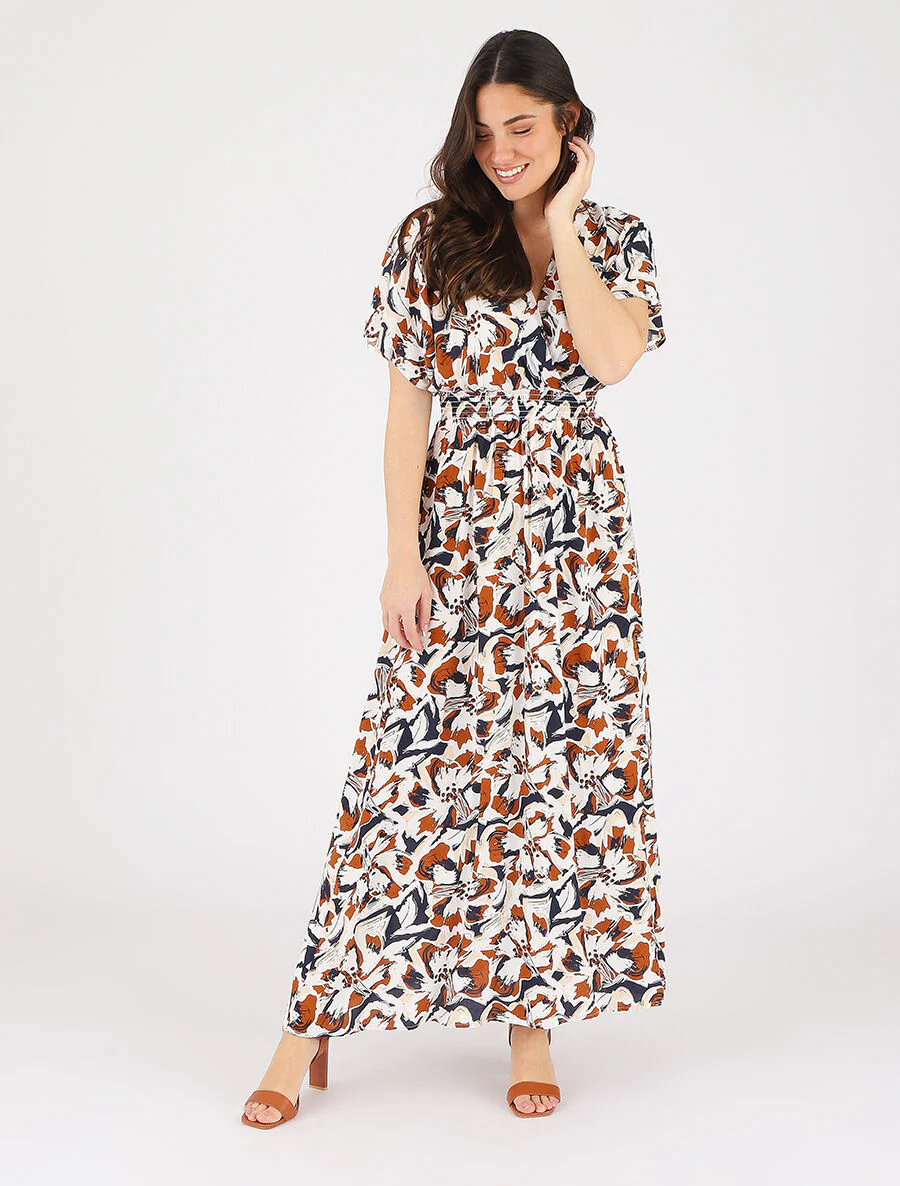 Robe longue manches courtes imprimé tropical - Marine - Image 4