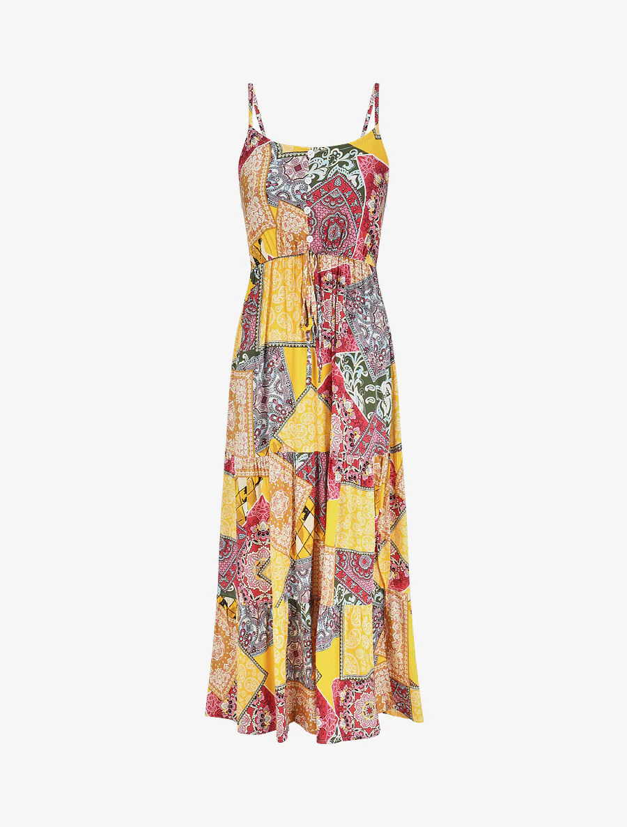 Robe longue motif patchwork à fines bretelles - Jaune
