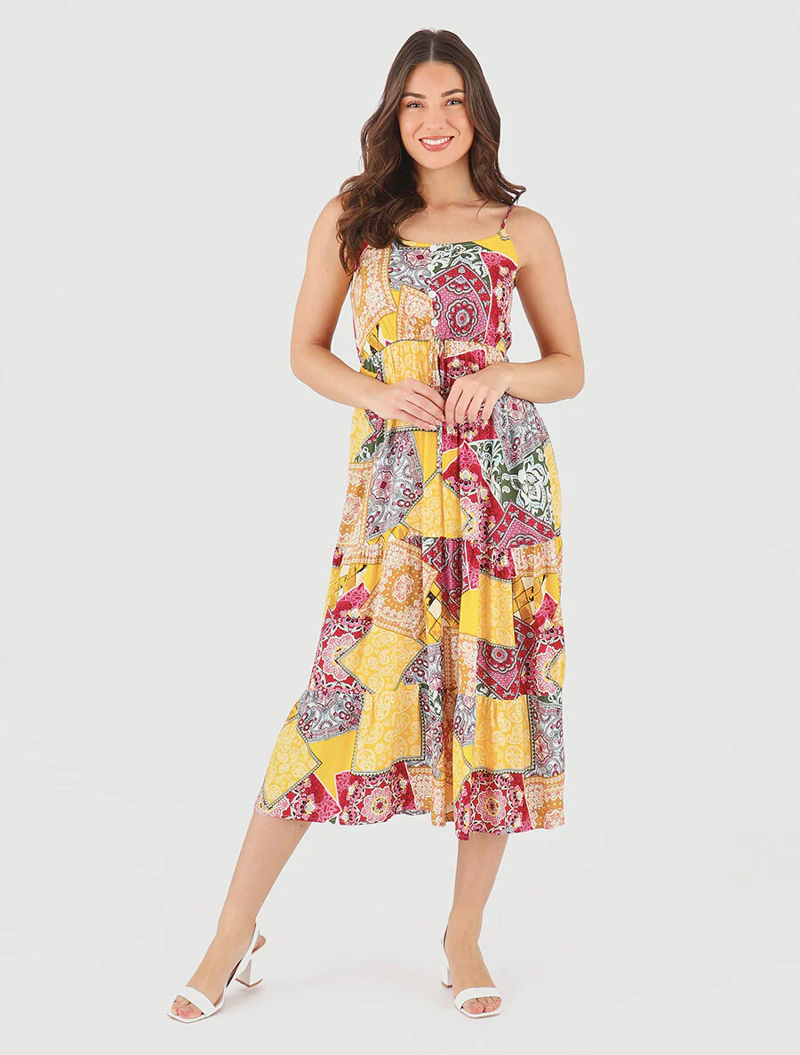 Robe longue motif patchwork à fines bretelles - Jaune - Image 4