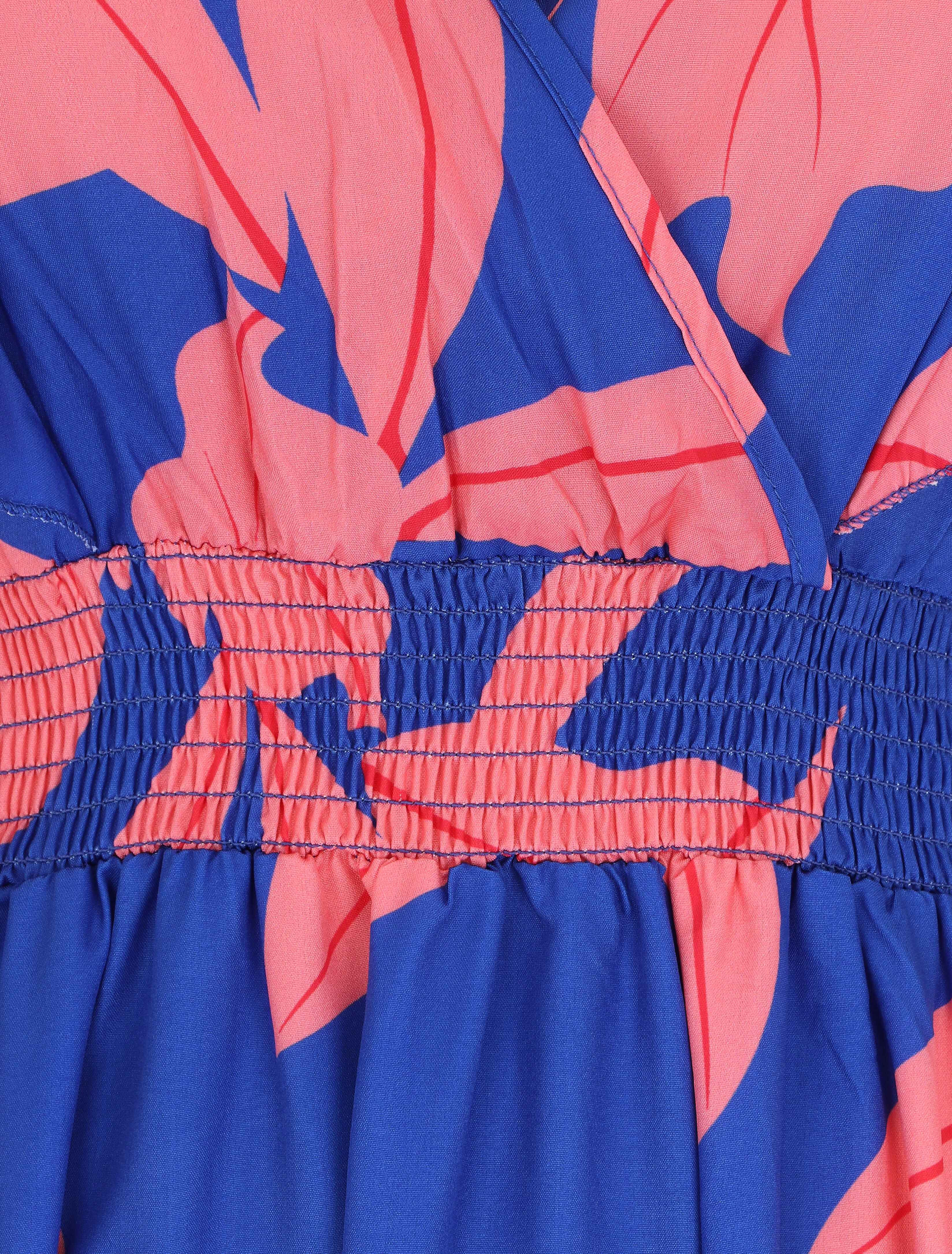Robe longue motif végétal sans manches à volants - Bleu - Image 3