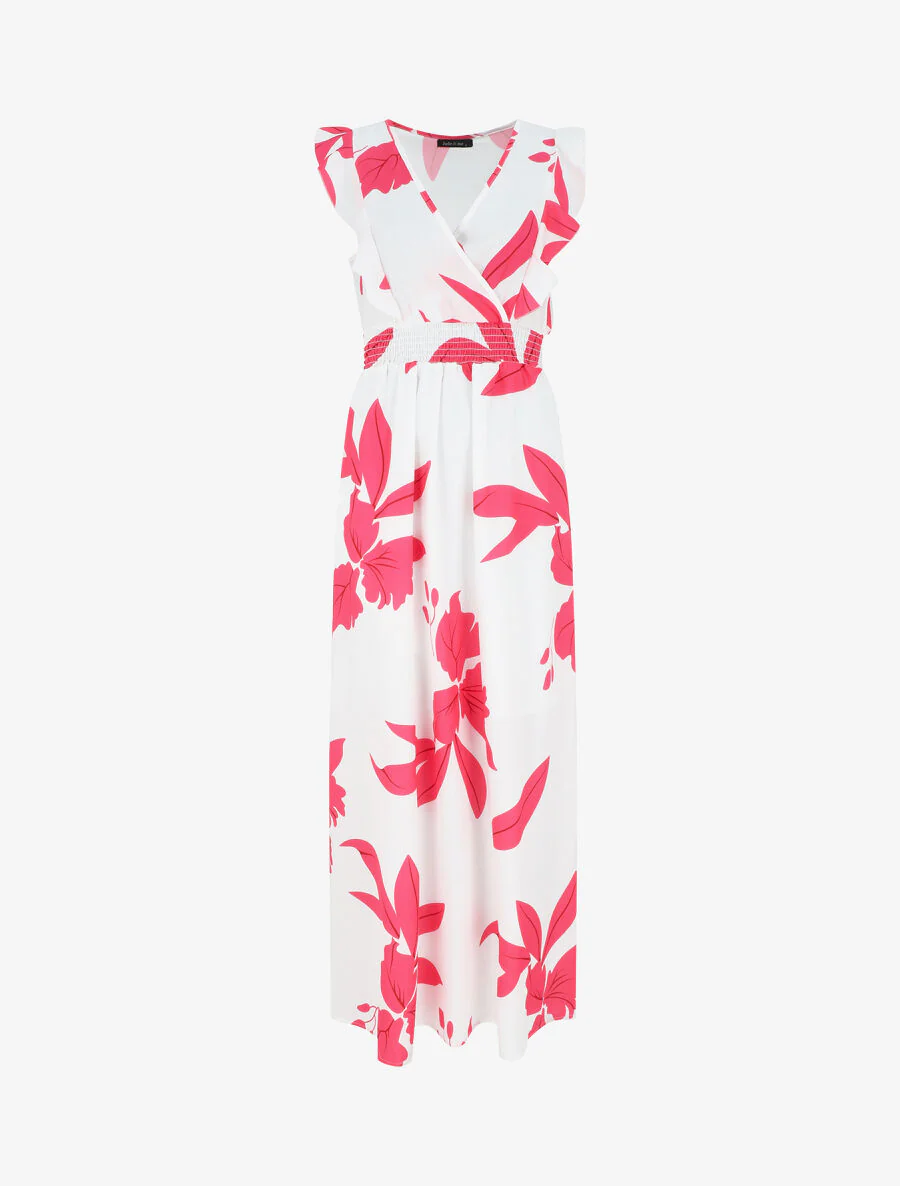 Robe longue motif végétal sans manches à volants - Blanc